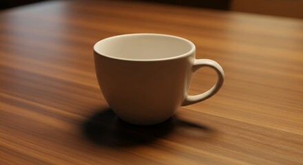 Obraz premium Empty White Ceramic Coffee Cup on Wooden Table Cozy Morning Still Life Photography