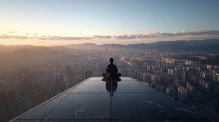 Obraz premium Person sitting cross-legged on rooftop overlooking cityscape and mountains in warm light