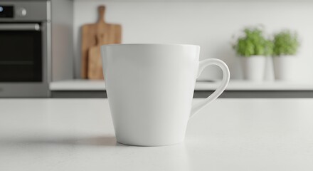 Fototapeta premium Empty White Ceramic Mug on Countertop in Modern Kitchen Interior Still Life Stock Photo