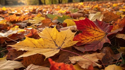 Fall autumn leaves and fallen maple leaves background