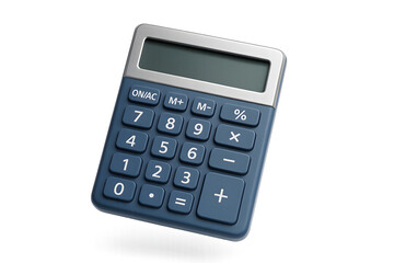 3D floating blue calculator illustration with metallic frame, large functional buttons, and realistic render style for use in corporate, office, or academic financial presentations