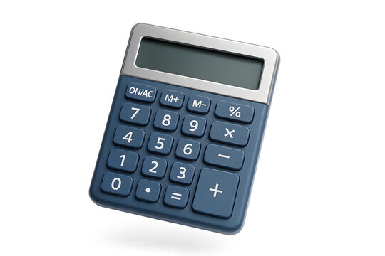 3D floating blue calculator illustration with metallic frame, large functional buttons, and realistic render style for use in corporate, office, or academic financial presentations