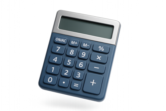 3D floating blue calculator illustration with metallic frame, large functional buttons, and realistic render style for use in corporate, office, or academic financial presentations - Powered by Adobe