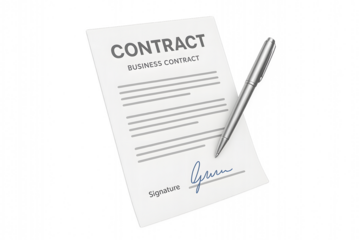 Professional 3D rendered contract paper with pen, signature, and corporate style layout representing official documentation, legal agreements, and formal business paperwork