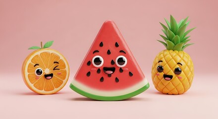 Cartoon fruit characters including an orange watermelon and pineapple on a pink background render