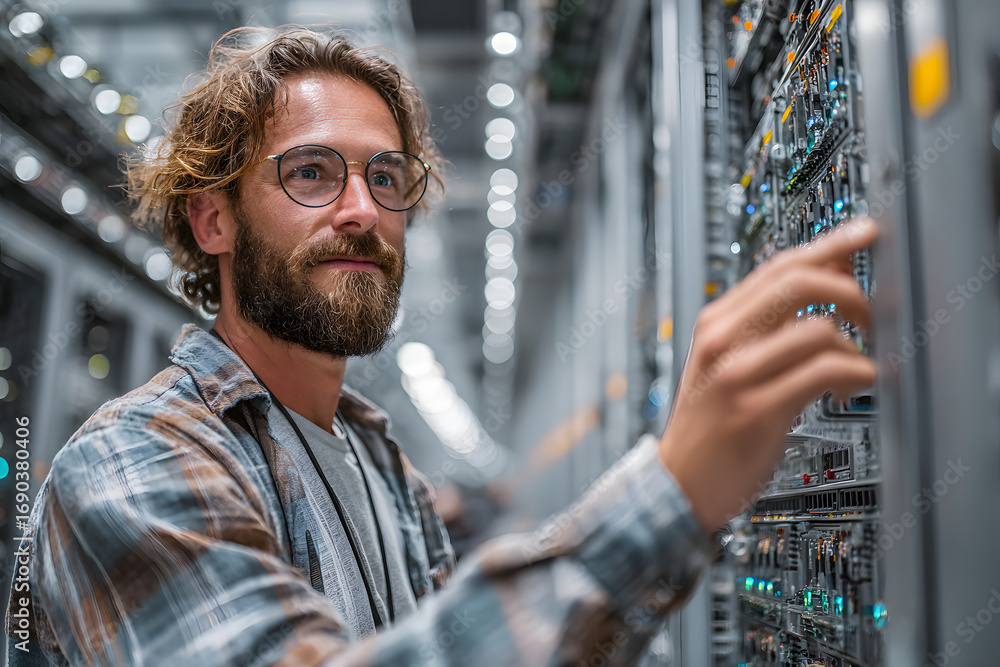 Poster tech specialist at work: a skilled it professional dligently manages server inrastructure in a moder