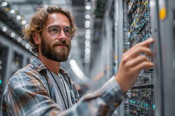 Tech Specialist at Work: A skilled IT professional dligently manages server inrastructure in a modern daa center, showcasing experise and dedication to mainaining a seamless digital xperience.