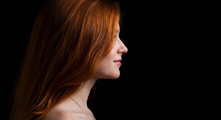 Striking Profile: Redhead Woman with Freckles Against Black Backdrop
