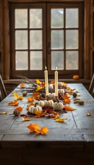 Old Halloween Table Decor with Candles, Pumpkins and Autumn Leaves