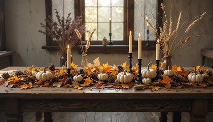 Vintage Halloween Table Decor with Candles, Pumpkins and Autumn Leaves