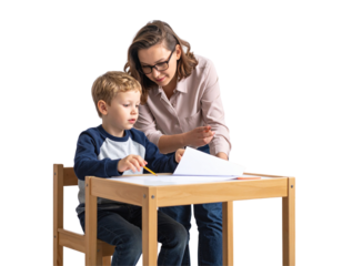 Child Learning to Draw with Teacher’s Guidance, Front View, Isolated PNG