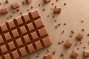 Fototapeta premium A beautifully arranged chocolate bar surrounded by cocoa nibs on a soft beige background