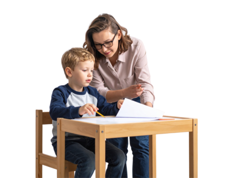 Child Learning to Draw with Teacher’s Guidance, Front View, Isolated PNG