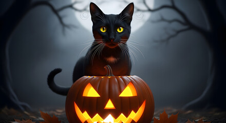 Enchanting Halloween Night: Black Cat Guarding the Glowing Jack-o'-Lantern under Moonlight