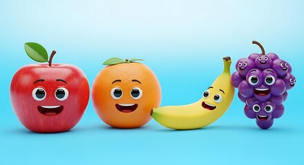 Cartoon fruits with faces lined up against a light blue background in a studio setting