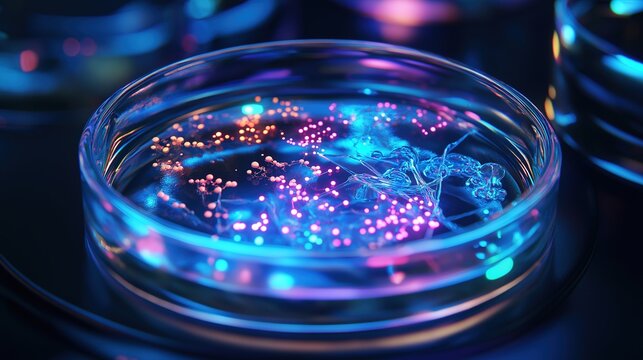 Glowing Petri dish overflowing with vibrant abstract representations of scientific concepts.