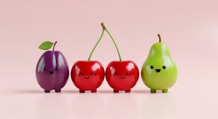 Cartoonish fruits with smiling faces plum cherries and pear on a light pink background studio shot