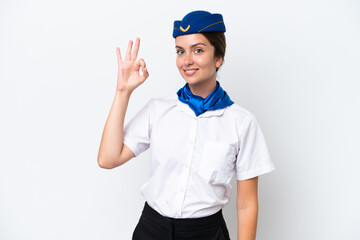 Airplane stewardess caucasian woman isolated on white background showing ok sign with fingers