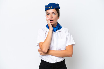 Airplane stewardess caucasian woman isolated on white background surprised and shocked while looking right
