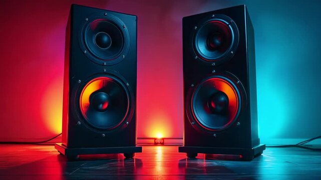A pair of speakers sitting on top of a wooden floor