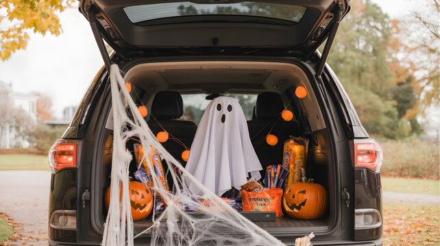 Spooky halloween trunk decorated with a ghost pumpkins and cobwebs for a festive outdoor celebration