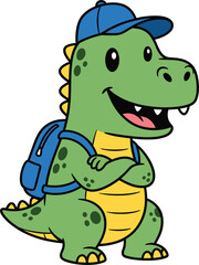 Adorable Green Cartoon Dinosaur Wearing Cap and Backpack Standing with Folded Arms, Perfect Vector Illustration for Kids, Education, and Fun Designs