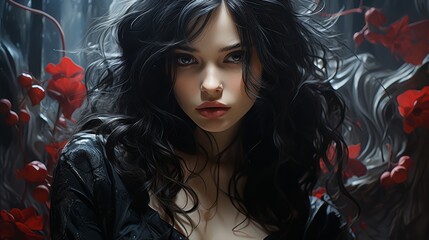 Mystical woman with flowing dark hair surrounded by red flowers in an enchanting forest atmosphere