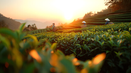 sunrise over northern Thai tea terraces