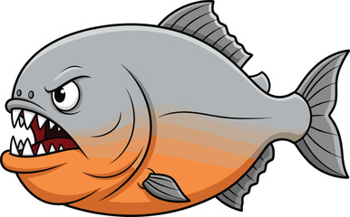 Aggressive cartoon piranha fish character with sharp teeth and angry expression, colorful vector aquatic animal illustration for fishing and wildlife content
