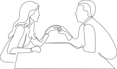 Minimalist Romance Scene. Man Holding Woman’s Hand in One Line Sketch