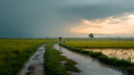 rainy season Thai paddy road scene farmer walking