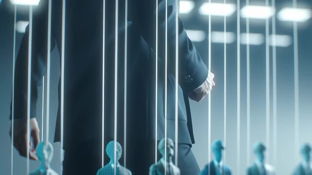 Puppet strings control digital data figures showing monopoly control and influence over business in powerful conceptual image