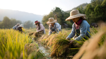 family harvesting rice together in a Chiang Mai valley