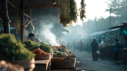 early morning rural Thai market beside a rice field