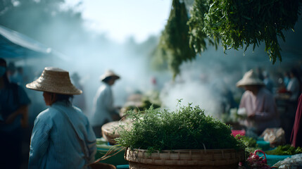 early morning rural Thai market beside a rice field