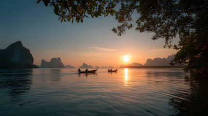 Phang Nga Bay limestone karsts nat sunset with low sea