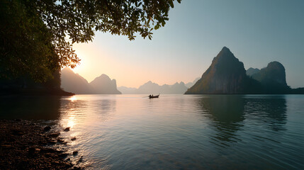 Phang Nga Bay limestone karsts nat sunset with low sea