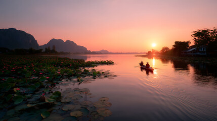 Mekong river sunset in Thailand longtail boat fishermen