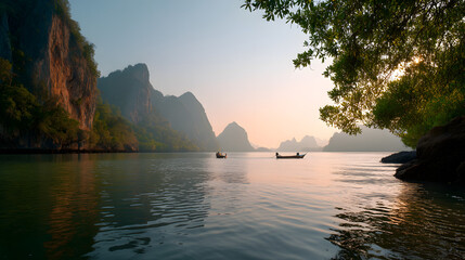 Phang Nga Bay limestone karsts nat sunset with low sea