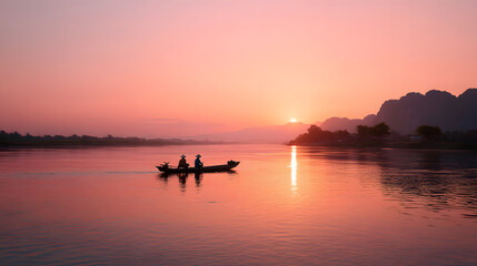 Mekong river sunset in Thailand longtail boat fishermen