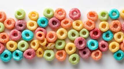 Colorful cereal pieces scattered playfully on a clean white or transparent png background, symbolizing fun breakfasts and cheerful morning energy.