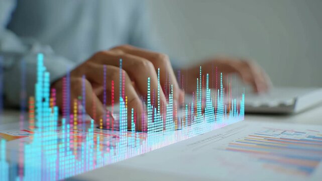 Data analysis with digital graph overlay business report showing monopoly trends and statistics for business growth and financial - Powered by Adobe