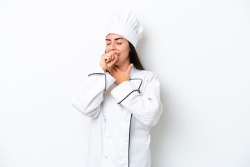 Young chef woman over white background is suffering with cough and feeling bad