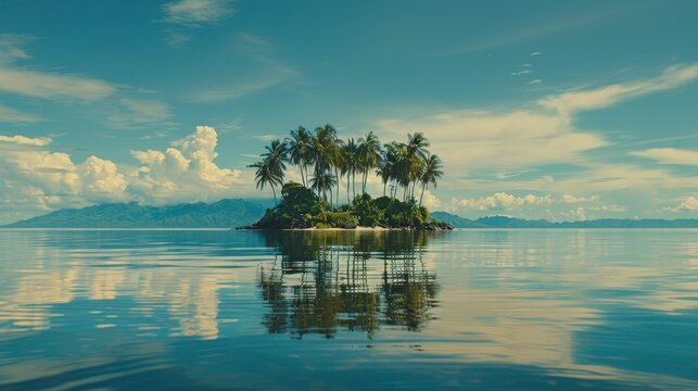 Idyllic remote island featuring lush palm trees and pristine crystal clear waters