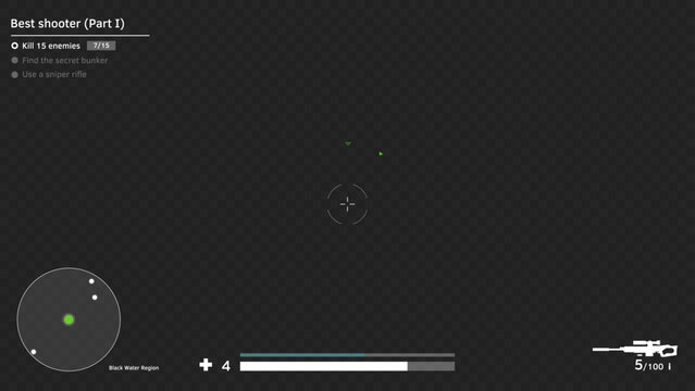 First person shooter game user interface with crosshair, minimap and health bar overlay. Sharpshooter rifle gun and game realistic simple UI template for display in video or photo.