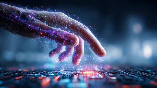 Futuristic digital hand touching glowing data chip with digital particles and monopoly of technology over circuit board control