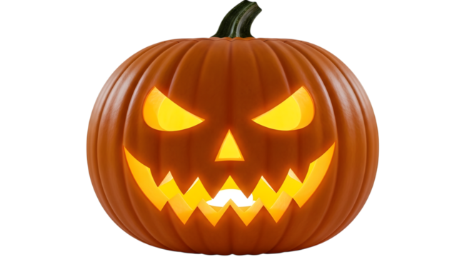A single, classic orange halloween pumpkin with a carved, glowing jackolantern face, isolated on transparent background