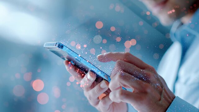 Digital data visualization and monopoly of information flow technology with smartphone hand showing glowing communication streams
