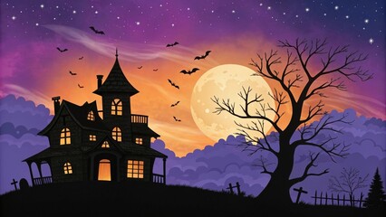 Fototapeta premium Halloween Haunted House with Full Moon, Bats, and Spooky Tree