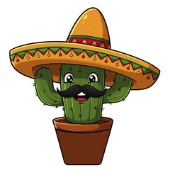 Happy cartoon cactus wearing a sombrero in Mexican traditional style illustration
